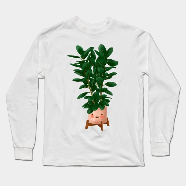 Cute Plant Illustration, Ficus Elastica Illustration Long Sleeve T-Shirt by Gush Art Studio 1